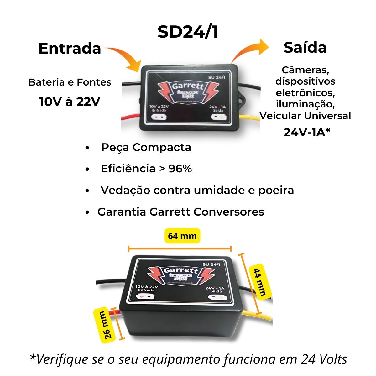 SU 24.1 - 10V à 22V - 24V-1A - Conversor Regulador de Tensão StepUp detalhes