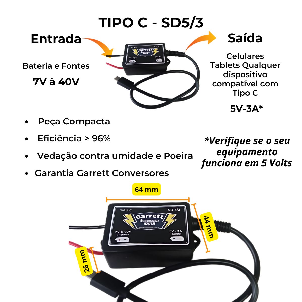 Conversor/Regulador de Tensão - TIPO C  - Entrada 7V à 40V - Saída 5V-3A - TIPO-C-SD5/3 - Imagem 6
