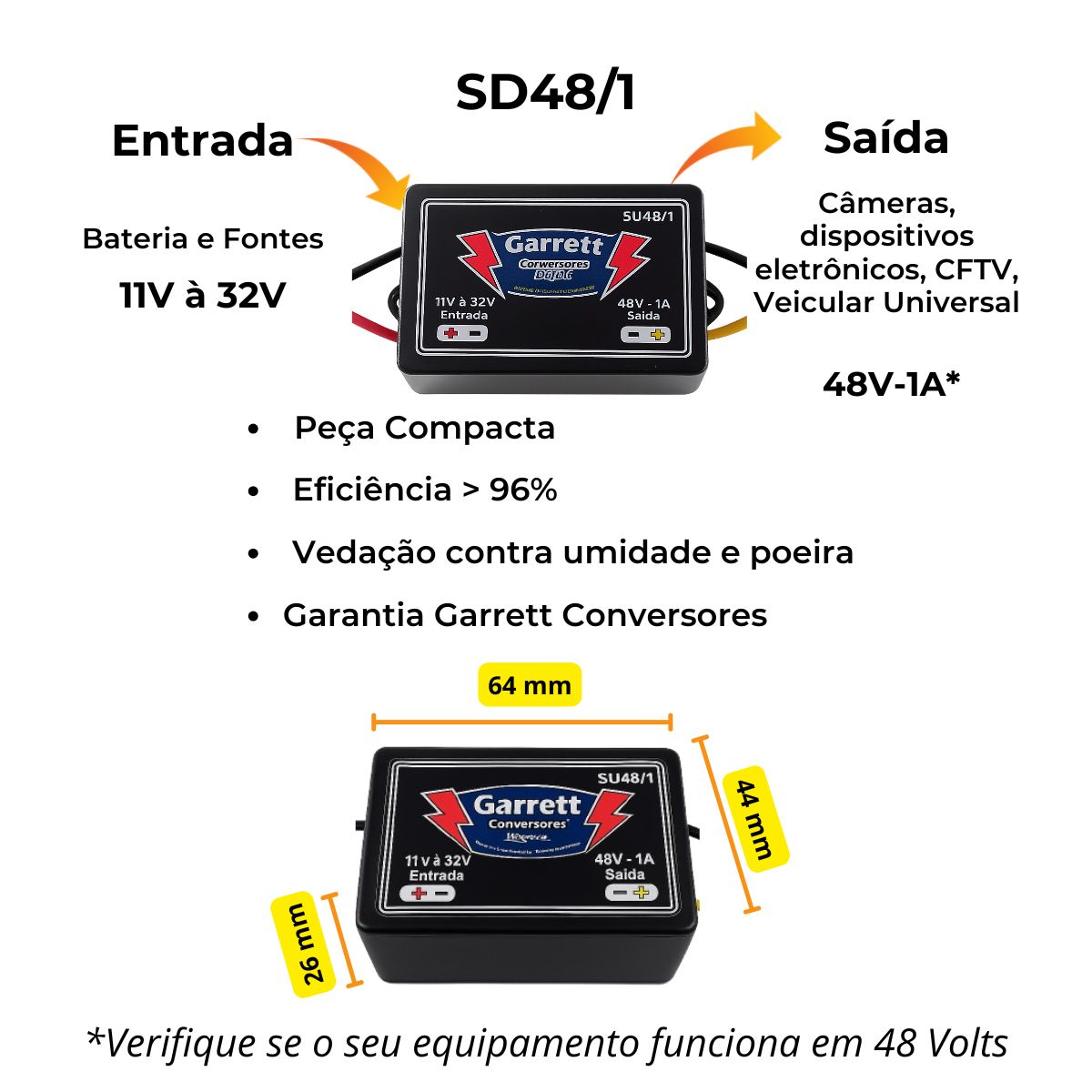 Conversor/Regulador de Tensão – Entrada 11V à 32V – Saída 48V-1A – SU48/1 - Imagem 7