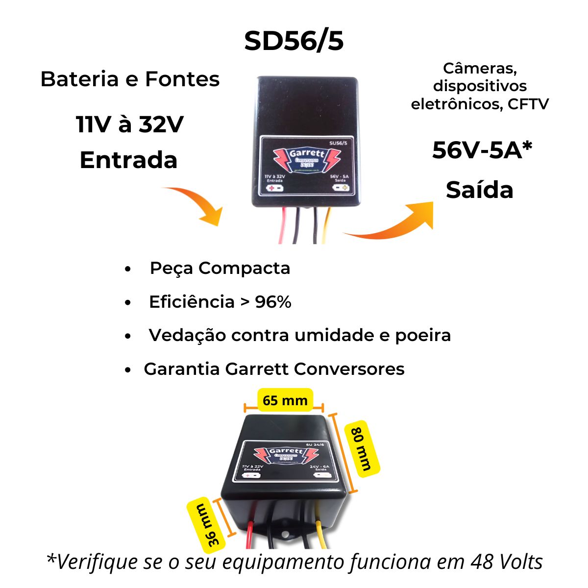 Conversor/Regulador de Tensão – Entrada 11V à 32V – Saída 56V-5A – SU56/5 - Imagem 5